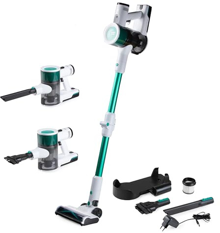 Primo PR510SV Aspirapolvere Scopa 3-in-1 senza fili, aspirapolvere senza sacchetto, depolveratore, manico flessibile, colore: Bianco/Verde