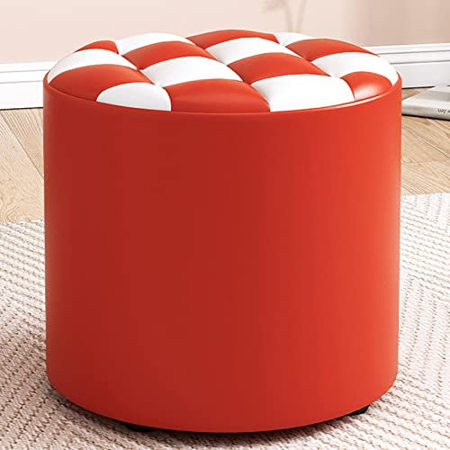 Runder Leder-Fußhocker, Ottomane für Wohnzimmer und Schlafzimmer, Rot und Weiß, 31 x 28 cm