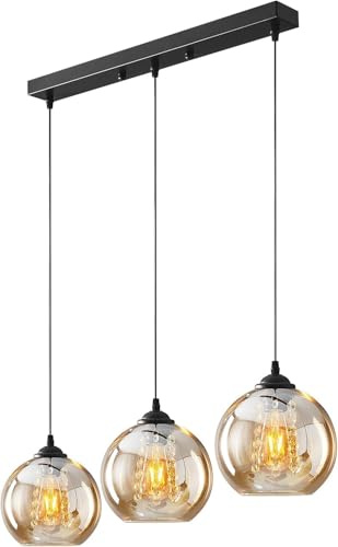 Pendelleuchte Glas Kugel Hängelampe Industrial Deckenlampe Amber | Vintage Hängeleuchte kronleuchter Metall für Wohnzimmer Zimmer Esszimmer Pendellampe Retro Deckenleuchte Küchenlampe 3-flame