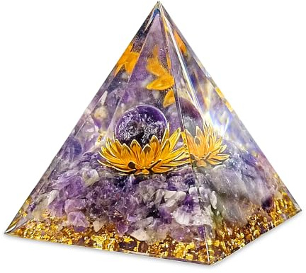 Orgonit Pyramide, 6CM Kristall Pyramide Groß, Harz Pyramide Meditation, Amethyst Stein Lotus Obsidian Meditation Heilsteine Natürliche Positive Reiki Spirituelle Deko für Esoterik Geschenke(01)