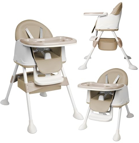 FIVMEN Hochstuhl Baby 3 in 1 Kinderhochstuhl Tischsitz Verstellbar mit Doppeltablett, Rollen und Korb Kinderstuhl Babyhochstuhl Ab 6 Monaten, Beige