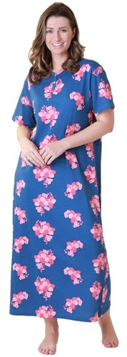 Camille 100% Organic Cotton Ladies Nighties – Full Length Floral Cotton Nightdress in Relaxed Fit Maxi Style with Short Sleeves - Navy Orchid 14-16
