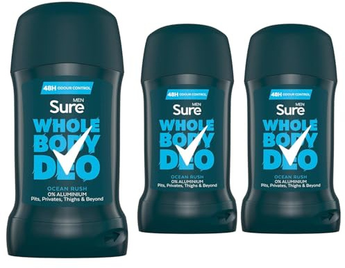 Sure Men Deodorant Stick Ocean Rush, Pack of 3, Whole Body Deodorant for Men Aluminium Free Deo Stick with Herbal and Woody Scent Provides 48-Hour Odour Control, 50 ml
