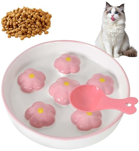 Anti Schling Napf für Katzen, Slow Feeder Katze rutschfest, Keramik Antischlingnapf, Bunter Katzennapf, mit Futterschaufel Haustiere, für Katzen und Kleine Hunde Pinke Blumen