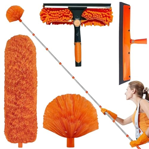 Plumeau Télescopique,Kit De Dépoussiérage Haute Portée De De 4.25 M, Microfibre Lavable,Balai Toile d'Araignée,Tete de Loup Telescopique pour Plafonds, Fenêtres, Meubles, Stores (Orange)