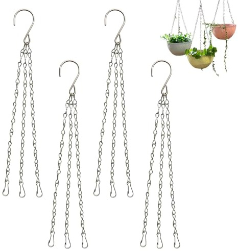 4 Pack Hanging Basket Chains – 3 Point 14 Inch (36cm) Metal Replacement Chains for Hanging Baskets, Flower Pots, Bird Feeders, and Garden Ornaments – Clip-On Heavy Duty Hanging Chains