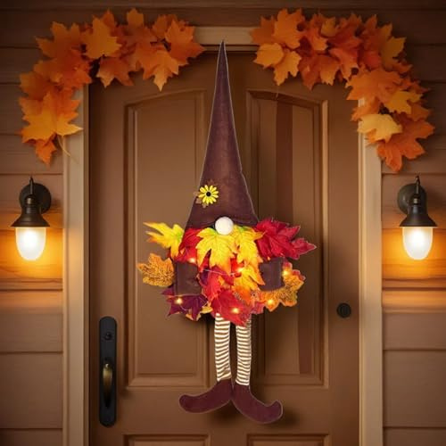 Türkranz Herbst Wichtel mit LED Licht, 70 cm Herbstdeko Wichtel Türkranz mit Lichterkette, Herbst Deko Aesthetic Türkranz mit Herbstblätter, Hängende Herbst Deko Wichtel Kranz für Haustür & Wand (A)