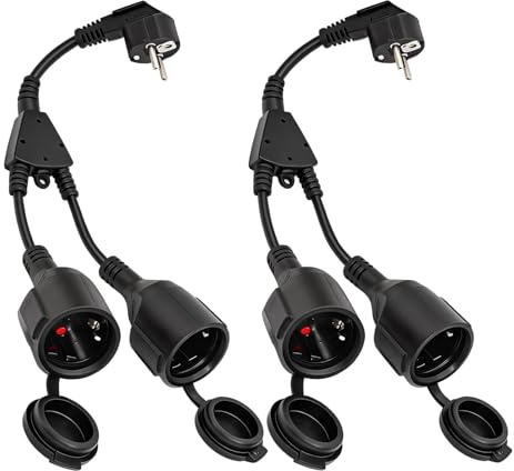 Doppelstecker Außen mit 2 Schuko Steckdosen, 250V/16A 3000W | Mehrfachsteckdose Outdoor Wasserdicht, Doppelstecker mit Deckel für Garten, Camping & Terrasse (2Stück)