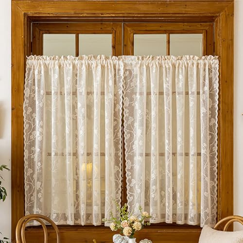 Treer Bellissimo Pizzo Voile Tende Corte per Finestre 1 Pezzo, Tende Cucina Moderne, Tendine Cucina con Tasca, Semitrasparenti, Decorazione per Finestre Piccole, per Bagno e Bistrò (Beige,140x175cm)