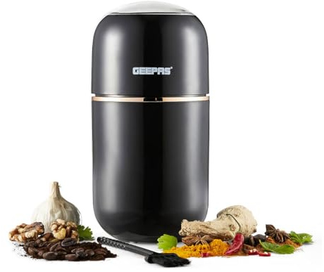 Geepas Coffee Grinder 80 g Capacity | Stainless Steel Bowl & Double Blades | Electric Dried Spice Nuts Herbs Beans Coffee Grinder | Small Fixed Mill with Transparent Lid | 200W Black (Renewed)