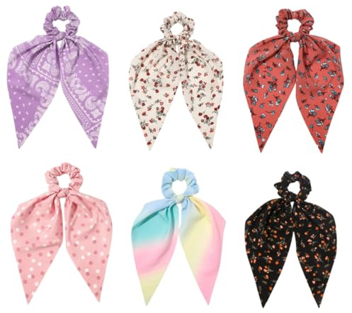 Healeved 6pcs Élastiques à Cheveux en Tissu Imprimé Floral Vintage pour Filles, Foulards Élégants et Créatifs, Maintien pour Coiffures Quotidiennes Plusieurs styles
