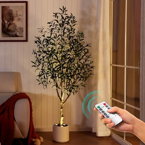 Verinatural Olive Trees Artificial Indoor 6FT - Realistic Fake Plants with Remote LED Spotlights, White Planter - Faux Olive Tree for Home Living Room Office Floor Bedroom Decor,VN214