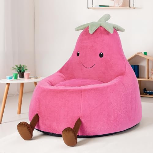 31 Inches Memory Foam Bean Bag Chair - Ultra Soft Faux Rabbit Fur Round Sofa with Handle & Machine Washable Cover, Eggplant-Shaped Kids Reading Chair for Bedroom, Living Room and Playroom, Magenta