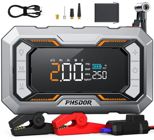 8000A Starthilfe Powerbank mit Kompressor 150PSI, 25000mAh Auto Starthilfe Powerbank für Pkw (Bis Zu All Benzin Oder 10,0L Diesel), Jump Starter Auto mit LED Taschenlampe, Silber (Orange & Silber)