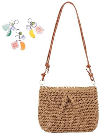Bolso de playa de paja for mujer, pequeño bolso cruzado tejido de malla de verano, bolso playero hueco(Brown)