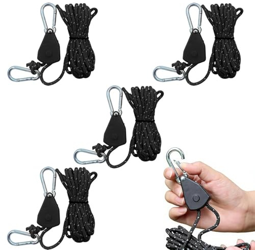 Touosy 4 Pièces Tendeur Sangle a Cliquet, Corde a Cliquet Réglable Poulie Retractable, Corde de Tente Réfléchissante 4M pour Fixer Une Tente en Plein éQuipement Essentiel pour Camping Voyage Noir