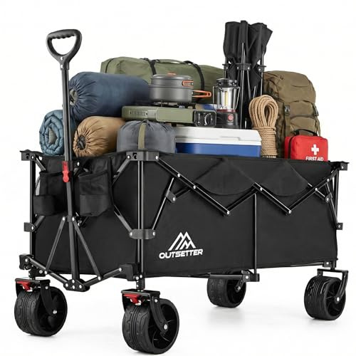 300L Heavy Duty Folding Camping Trolley on Wheels, Large Capacity Festival Wagon Cart with Wide All-Terrain Wheels, Cover & Adjustable Handle for Beach, Garden, Picnic, Outdoor, Shopping