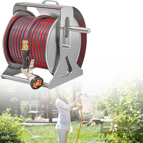 Metal Garden Hose Reel for 10-50m Hose, Portable Outdoor Storage with Multi-Functional High-Pressure Water Gun