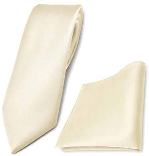 TigerTie - schmale Krawatte & Einstecktuch creme beige elfenbein einfarbig