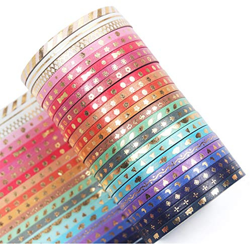 YUBBAEX Maigre Or Washi Tape Set 24 Rouleaux Masking Tape Ruban adhesif decoratif pour Scrapbooking Artisanat de Bricolage (Skinny 24)