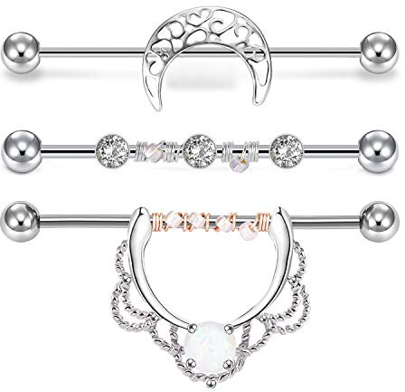 Mayhoop 3Pièces 14G Industriel Barbells Acier Chirurgical Argent Dentelle Opale Lune Industriel Barres Boucle d'Oreill Cartilage Bijoux de Piercing 38mm