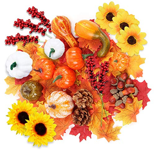 96Pcs Halloween Artificial Pumpkin and Gourd Maple Leaf Sunflower Red Fruit Pine Cone Acorn Harvest Mixed Small Fake Pumpkin Thanksgiving Halloween Party Decoration