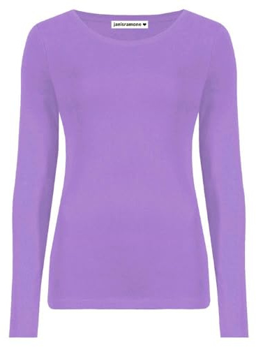 janisramone Womens Ladies Round Neck Long Sleeve T-Shirt Stretchy Plain Fitted Basic Jersey Casual Tee Top