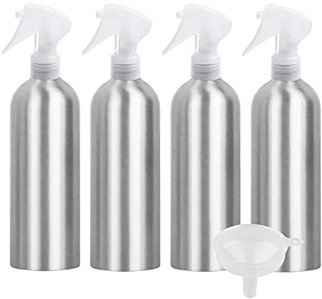 ZEOABSY 4 Pièces Flacon Spray Vide 500ml avec Vaporisateur Brumisateur Transparent, Bouteilles Pulvérisateur en Aluminium Vides pour Jardin Cheveux Cosmétique + 1 Pièce Entonnoir