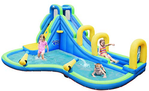 RELAX4LIFE Aufblasbare Hüpfburg, Wasserpark mit Kletterwand & Rusche & Planschbecken & Wasserkanone, Wasserrutsche für Kinder 3-9 Jahren alt, 477,5 x 366 x 242,5 cm, blau