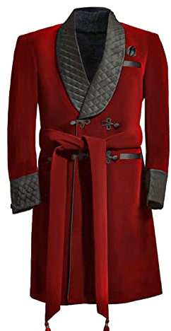 HZUOU Men's Smoking Jacket Velvet Long Cigar Robe Quilted Shawl Lapel Wedding Dinner Prom Blazer HZH11, Red, Medium