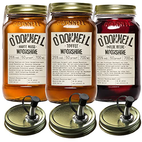 O'Donnell Moonshine Likör Set 3x 700ml Premium Likör (Made in Berlin) Rum Likör in Original Mason Jars + 3x Ausgießer – Harte Nuss Haselnusslikör, Karamell Toffee & Beerenlikör