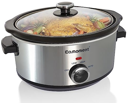 Eamoment 3,5L | 200W slow cooker con 3 impostazioni di calore e indicatore di potenza, lavabile in lavastoviglie e con manici, coperchio in vetro facile da pulire (argento)