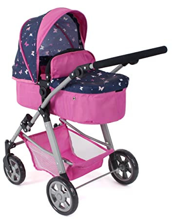 Bayer Chic 2000 - Puppenwagen Nele, 2-in-1 Kombipuppenwagen für Kinder von 3 bis 8 Jahren, Puppenkinderwagen mit umwandelbarer Babywanne, Kinderwagen für Puppen bis 50 cm Größe, Butterfly, Navy-pink