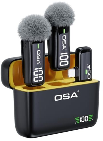 OSA microfono wireless con custodia di ricarica e trasmettitore Display digitale - Set di 2, per telefono di tipo C, registrazione, registrazione video professionale, microfono da bavero (tipo C)