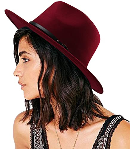 DRESHOW Women Vintage Wide Brim Fedora Hat with Belt Buckle Panama Hat