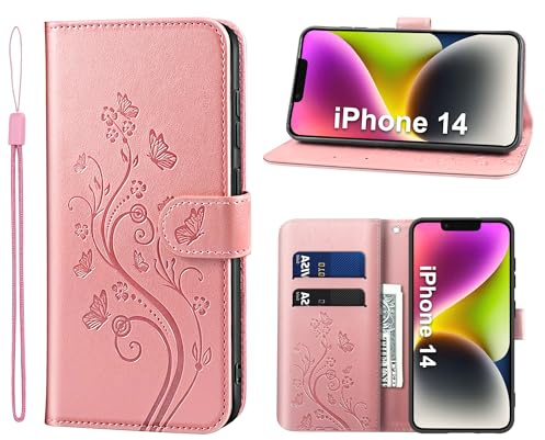 KRAFTCARE Lederhülle kompatibel mit iPhone 14 Hülle, Flip Wallet Handyhülle mit Kartenfach Ständer Premium PU Leder Klapphülle Schutzhülle für iPhone 14, Rosa