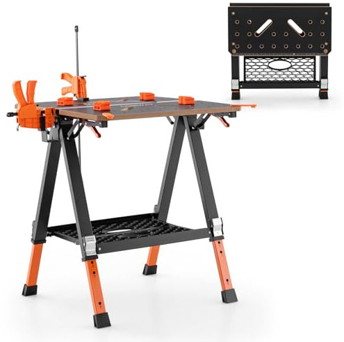 TANGZON Folding Workbench, Height Adjustable Flip-Top Work Bench Saw Horse Workstation with 4 Clamp Dogs & 2 Quick Clamps, Portable Heavy Duty Work Table Tool Stand (Orange, 70 x 65 x 60-91cm)