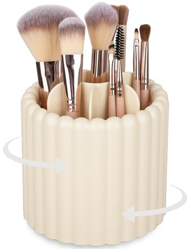 Anyoifax Make-up-Pinselhalter, um 360 Grad drehbar, 7 Fächer, Make-up-Pinsel-Organizer, abnehmbare drehbare Kosmetikpinsel, Aufbewahrung, Stifthalter für Schminktisch, Kommode, Schreibtisch, Beige