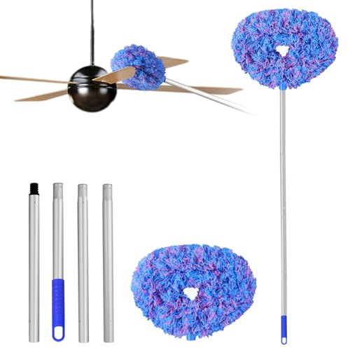 Spolverino per ventilatore da soffitto, riutilizzabile, in microfibra, rimovibile, con asta di estensione regolabile da 33 a 126,2 cm per la pulizia di pareti, mobili, porte e finestre (blu/rosa)