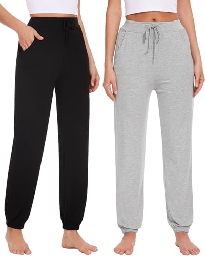 Knuffnee Pyjama Bottom Womens Soft Lounge Pants Sleep Trousers with Pockets 2 Pack Thin Black/Grey L