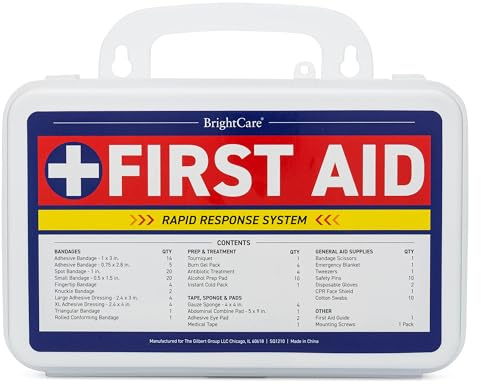 First Aid Kit - Wall Mount Back Option, 130 Pieces, Durable Hard Case with Carrying Handle - First Aid Kit for Office, Home, School, Car, Hiking, Camping – by BrightCare