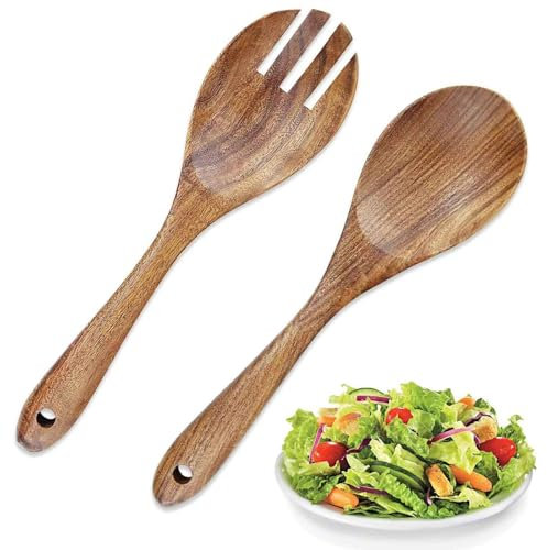 2 Pcs Durable Wood Salad Spoon and Fork Set - Long Handle Server With Mixing and Dinner Utensils for Serving