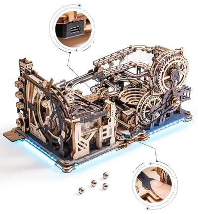 ROKR 3D Wooden Puzzle for Adults, Motor-driven Automatic Marble Run Model Kits With Balls, Spaceport & Night City & Link Pack