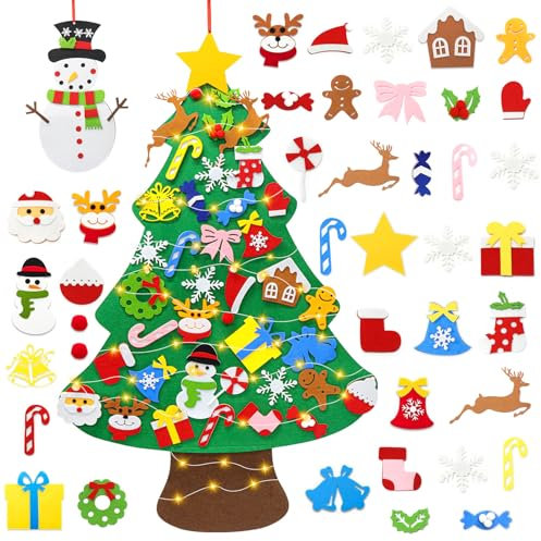 Herbst Filz Weihnachtsbaum Kinder mit 40 Abnehmbaren Ornamente, 98cm DIY Filz Weihnachtsbaum Kinder LED Beleuchteter Filz Basteln Weihnachten Weihnachtsbaum Geschenke für Home Tür Wand Dekoration