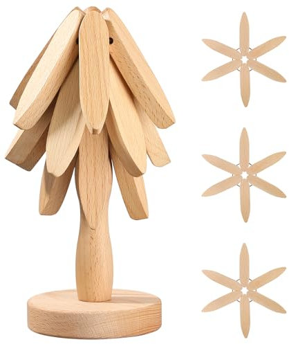 Markcco Sottopentola in legno per piatti caldi, set di 3 sottopentola in legno di faggio + 1 supporto in legno di faggio per pentole calde, padelle, ciotole, teiere