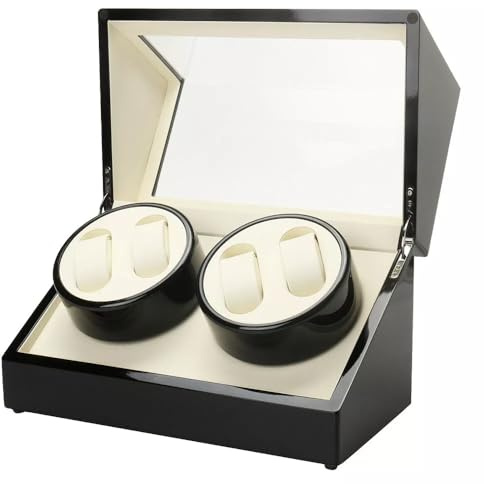 Automatische Uhrenbeweger Box, Uhrenbeweger 4 Uhren Mit Leisen Motor, Pu-Leder LuxuriöSer Uhrenbeweger Automatic Watch Winder Uhrenbox FüR Automatikuhren, Außen Schwarz, Innen Weiß