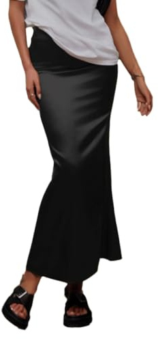 EMOTTOS Falda Larga Mujer, Envuelva la Cadera de Satén de Cintura Alta Vestido Mujer, Casual Cremallera Una Línea Raso Flowy Maxi Señoras Falda, M, Negro