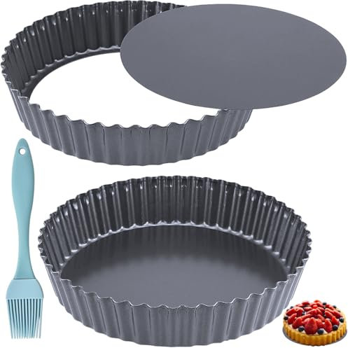 LOSYHU 2 Pack 24cm / 9 inch Quiche Tart Pan with Removable Loose Bottom - Non Stick Carbon Steel - 5.5cm Deep Fluted Round Quiche Pan Tart Tin - Perfect Flan Tin for Oven Baking