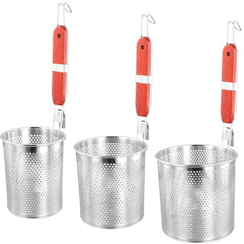 MOUYAT 3 PCS Pasta Basket, Stainless Steel Pasta Strainer, 3 Sizes Micro Perforated Noodle Colander with Wooden Handle, Spider Food Strainer Basket for Kitchen, 12, 14, 16cm