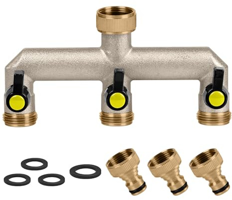 HONPHIER Garden Hose Splitter Brass 3/4 to 1/2 Outside 3 Way Tap Splitter Outdoor Hose Manifold Faucet Splitter with 3 Individual On/Off Ball Valves